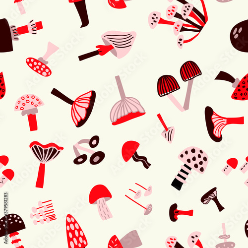 Seamless vector vintage pattern with different mushrooms. Childish cartoon endless illustration on beige background