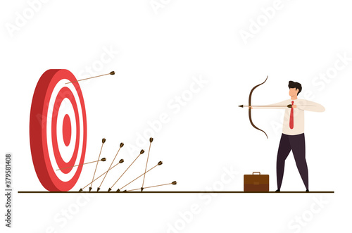 Businessman character missed at the target. Business challenge failure metaphor. Vector illustration isolated on white background.