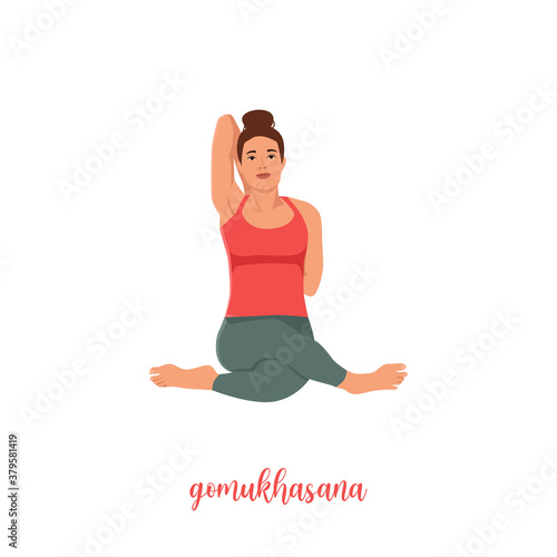 Girl sitting in yoga pose,Cow Face Pose or Gomukhasana asana in hatha yoga,vector illustration in trendy style