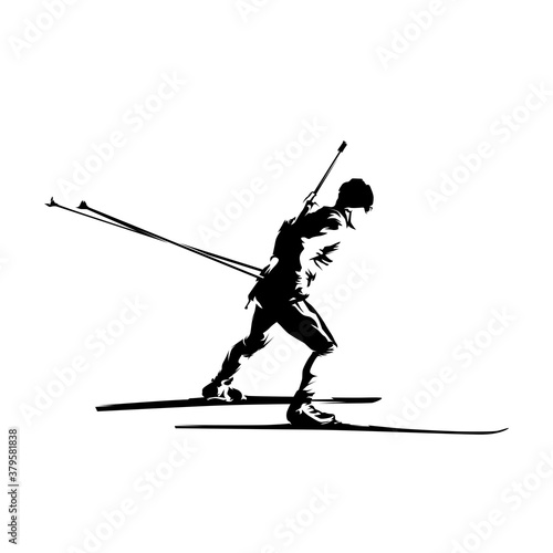Biathlon racer silhouette. Isolated vector ink illustration of biathlon skier. Winter sport athlete, side view