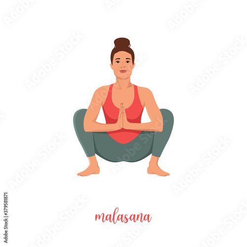 beautiful girl is doing yoga, sitting in malasana garland pose