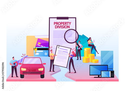 Husband and Wife Characters Divide Property on Divorce Process. Conflict Resolution, Legal Services Assistance, Division