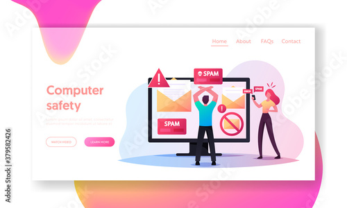 Info Garbage, Email Newsletters. Landing Page Template. Tiny Male Character Stand front of Huge Computer with Spam