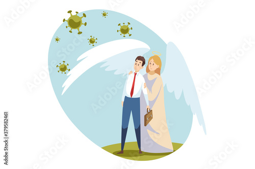 Religion, business, health, care, medicine, coronavirus, christianity, bible concept. Angel biblical character protecting young businessman clerk manager from viruses covid19 bacteries. Divine support