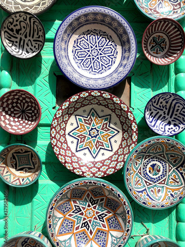Moroccan pottery in Medina of Essaouira.Colorful ceramics and pottery