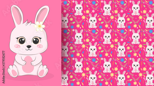 Baby ribbit with floral and leaf seamless pattern on pink illustration background