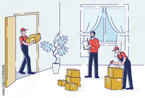 Moving house service with loaders carrying cardboard boxes to living room