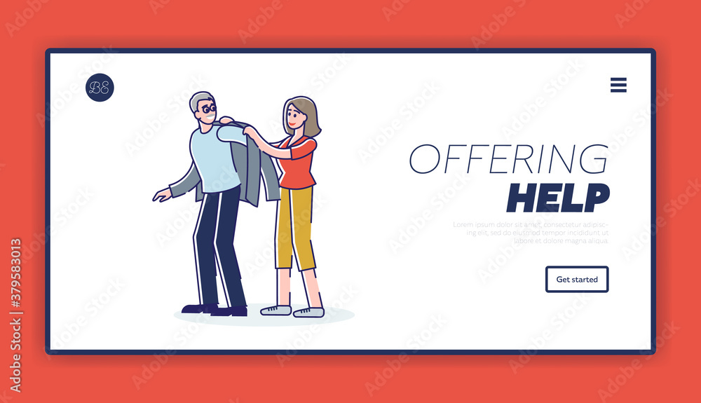 Offering help to senior people landing page concept with volunteer woman helping elder man Offering help to senior people landing page concept with volunteer woman helping elder man