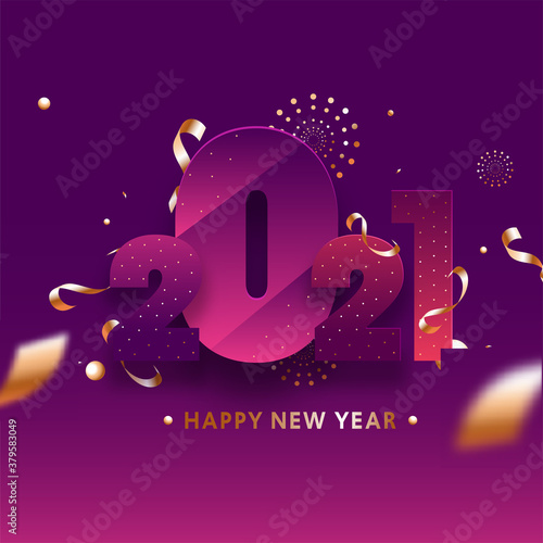 Paper Cut 2021 Number with Bronze Confetti Ribbon and Dotted on Purple Background for Happy New Year.