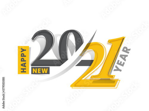 Black and Yellow Happy New Year 2021 Text on White Background.
