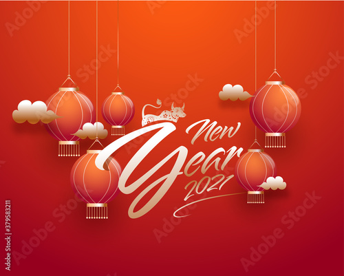Golden 2021 New Year Font with Zodiac OX Symbol, Hanging Lanterns and Clouds on Gradient Red Background.