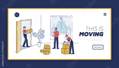 Moving house company landing page with workers unloading boxes during home relocation