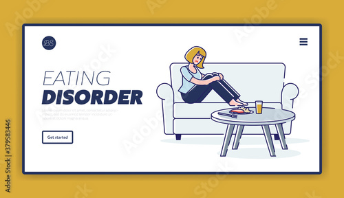 Eating disorder landing page with woman suffering from stomach ache and appetite problems