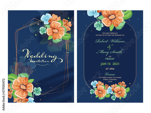 Beautiful Floral Wedding Invitation Card Design in Front and Back View.
