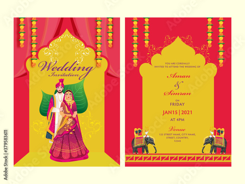 Red and Yellow Wedding Invitation Card Set with Indian Couple Image and Venue Details.