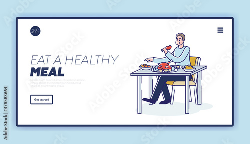 Healthy eating habits concept of landing page with overeating hungry man