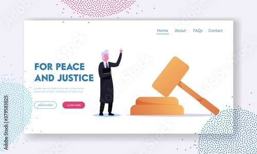 Tribunal or Justice Landing Page Template. Grey Haired Judge Character Wearing Black Gown Stand at Huge Gavel in Court