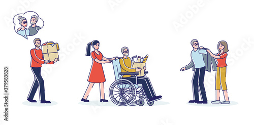 Set of volunteers and social workers caring of old people helping and supporting