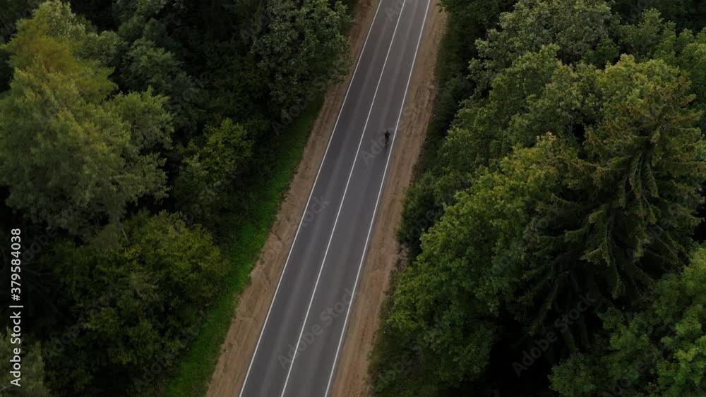 AERIAL DRONE SHOT Tracking Cyclist riding his bicycle on an empty forest road, no cars AERIAL DRONE SHOT Tracking Cyclist riding his bicycle on an empty forest road, no cars