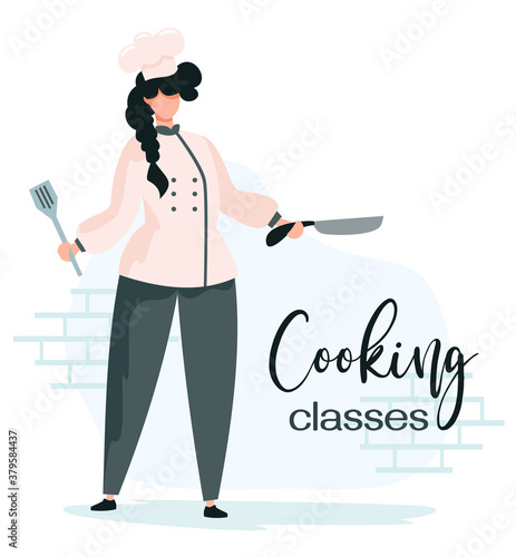 Vector illustration. Cook with a frying pan. The concept of a culinary master class. Cooking school.