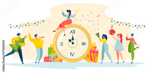 Vector illustration. Corporate party concept. Men and women are having fun. Happy New Year.