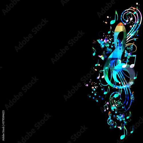 Music promotional poster with G-clef and musical notes vector illustration. Artistic abstract background with musical notes for live concert events, music festivals and shows, party flyer template