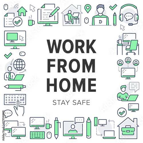 Work from home poster frame with line icons. Vector illustration included icon as freelance worker with laptop, workplace, pc monitor, business man green pictogram for remote job flyer or brochure