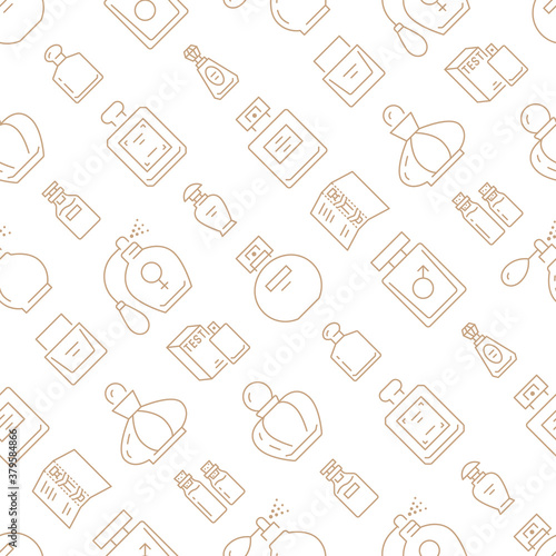 Perfume bottles seamless pattern with line icons. Vector background illustration included icon as glass sprayer, luxury parfum sampler, essential oil, cologne gold white wallpaper for cosmetic store