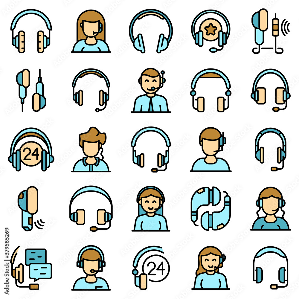 Headset icons set. Outline set of headset vector icons thin line color flat on white Headset icons set. Outline set of headset vector icons thin line color flat on white