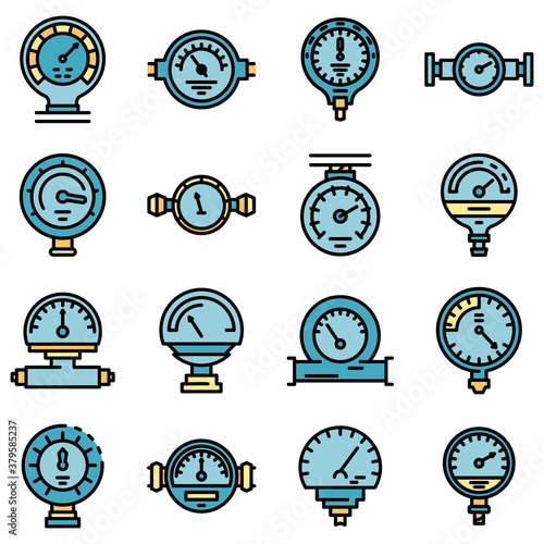 Manometer icons set. Outline set of manometer vector icons thin line color flat on white