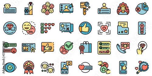 Product review icons set. Outline set of product review vector icons thin line color flat on white