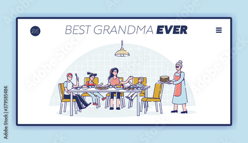 Best grandmother landing page template with big family visit granny for holiday dinner