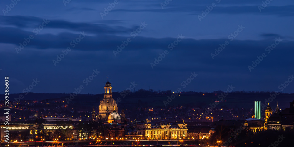 Skyline of Dresden, Saxony, Germany, at night.