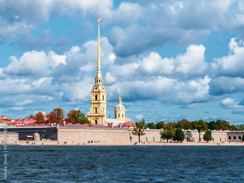Beautiful view of the Peter and Paul fortress from the Neva river in Saint Petersburg. Russia