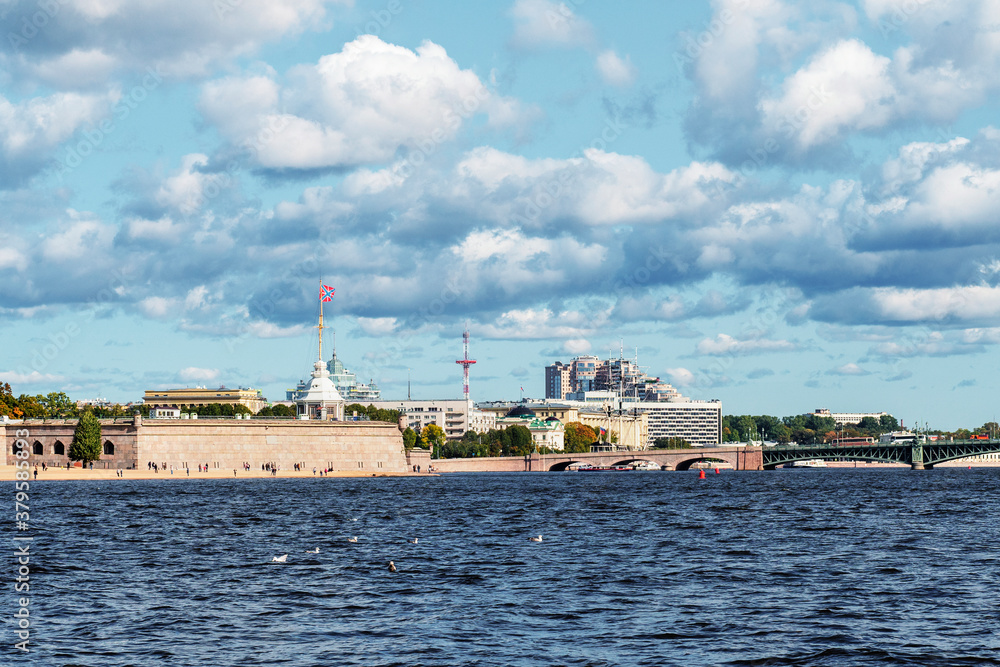 Beautiful view of the Peter and Paul fortress from the Neva river in Saint Petersburg. Russia