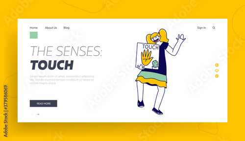 Happy Child Character Holding Card with Open Palm and Cactus Landing Page Template. Touch One of Five Human Perceptions