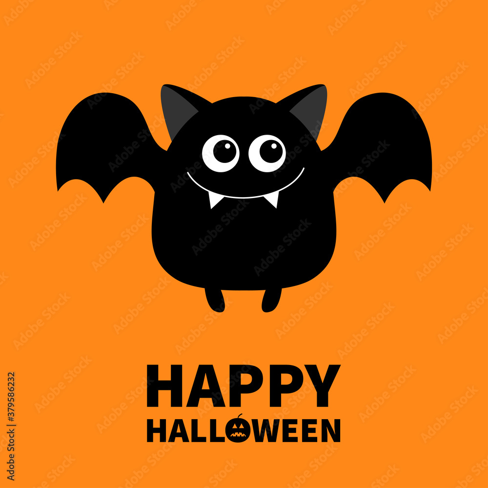 Happy Halloween. Cute bat. Flying silhouette icon. Cartoon kawaii funny  baby character with open wings, eyes, ears. Forest animal. Flat design.  Greeting card. Orange background. Isolated. vector de Stock | Adobe Stock