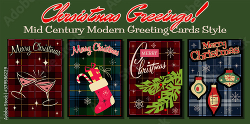 Christmas Greetings Mid Century Modern Greeting Cards Style Cards, Plaid Tartan Pattern, Vintage Shapes, Snowflakes