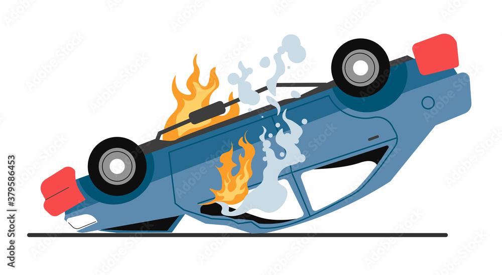 Burning car with damaged body, traffic accident or breakage