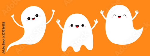 Three ghost spirit set line. Scary flying white ghosts. Boo. Cute cartoon kawaii spooky baby character. Smiling face, hands. Happy Halloween. Orange background. Flat design.