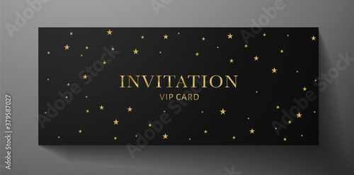 Premium invite VIP card template with black background and gold stars. Deluxe holiday pattern. Rich formal design for invitation event, luxury gift certificate, exclusive voucher