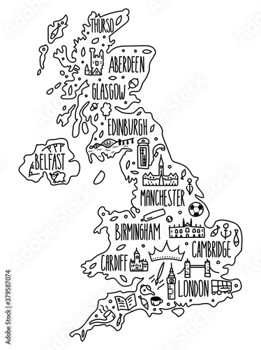 doodle hand drawn Great Britain map. detailed reliable map with cities. Symbols, known associations. cartoon landmarks, tourist attractions cliparts. travel, trip comic infographic poster