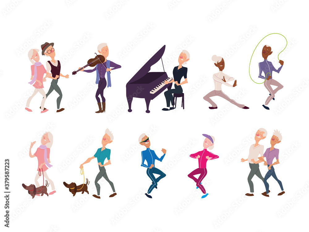 set of seniors perform activities set of seniors perform activities