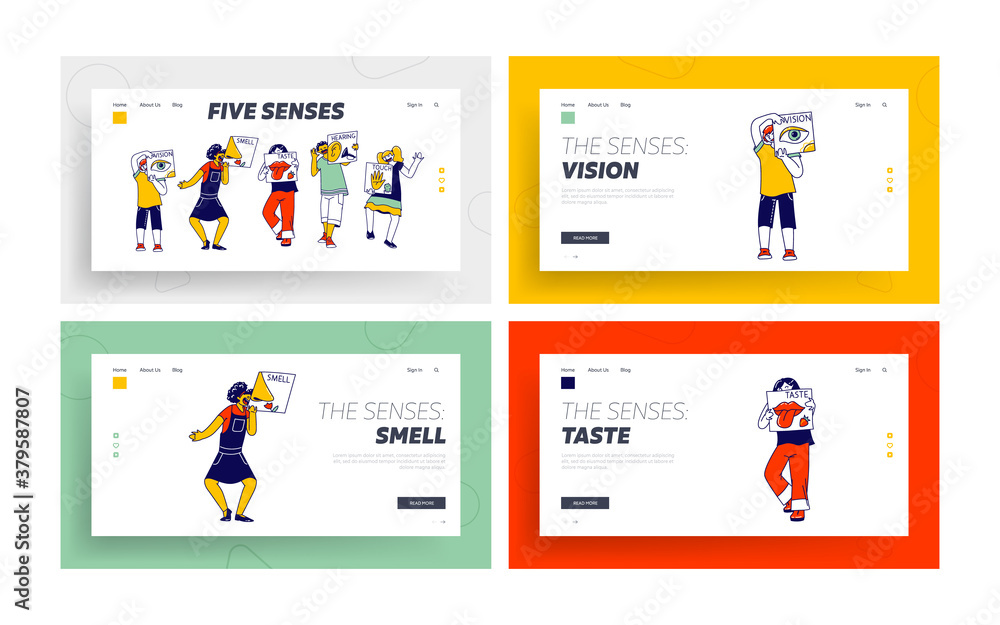 Five Senses Human Perception Landing Page Template Set. Characters Hold Cards Vision, Smell, Taste, Hearing and Touch Five Senses Human Perception Landing Page Template Set. Characters Hold Cards Vision, Smell, Taste, Hearing and Touch