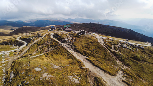 Drone aerial view of the Babele Pea, The Sphinx and the cable car on Bucegi Mountains in Romania