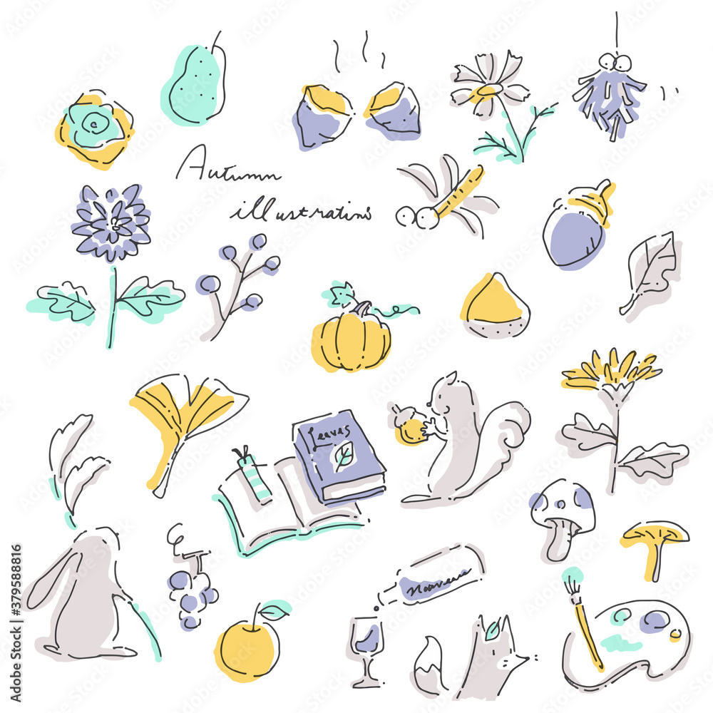 Obraz premium ナチュラルタッチの秋のイラストセット 手描き 線画 色数少なめ