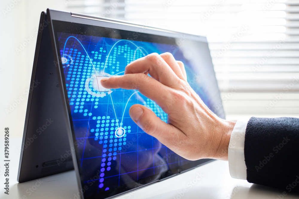 hand touching tablet screen global connection hand touching tablet screen global connection