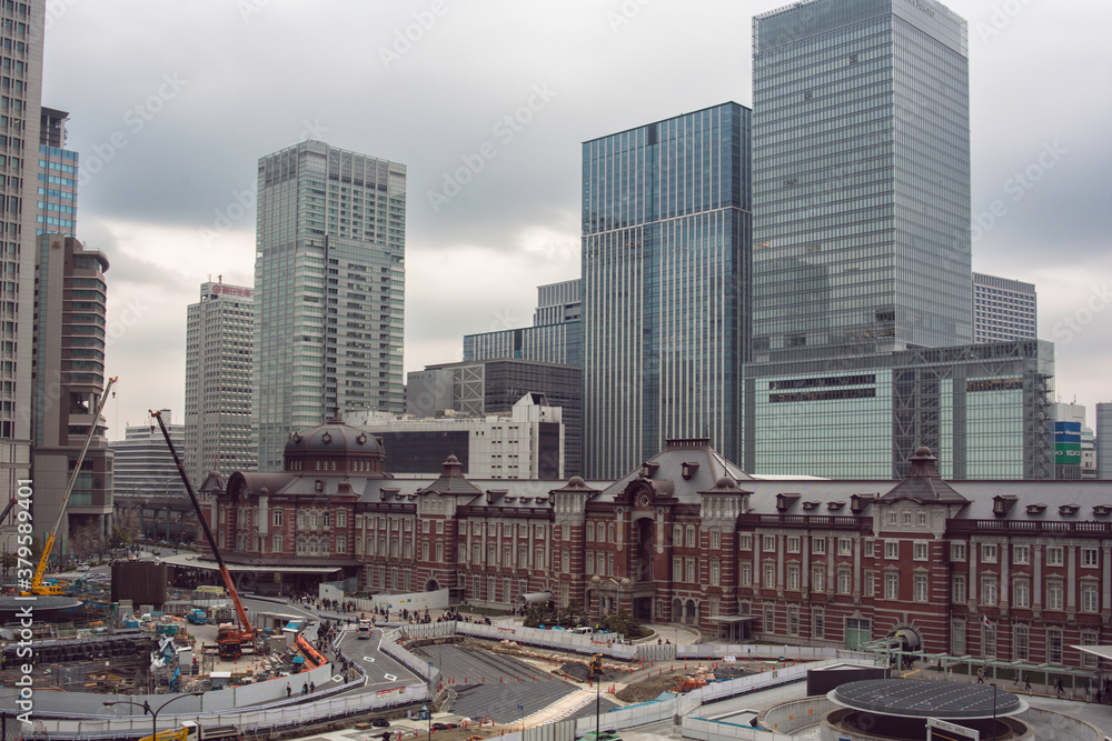 Tokyo Station view from Kitte Building with ongoing construction Tokyo Station view from Kitte Building with ongoing construction