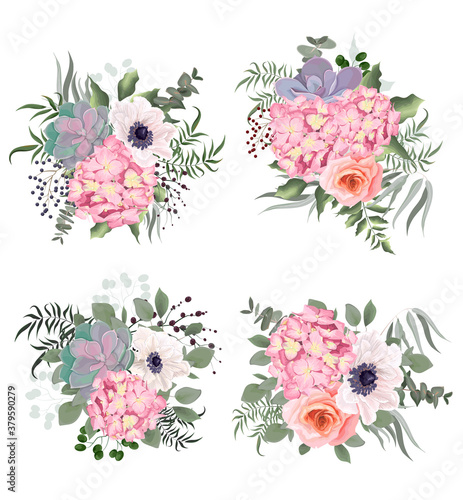 Vector flowers on a white background. Lush pink hydrangea, roses, anemones, succulent, various leaves and plants.