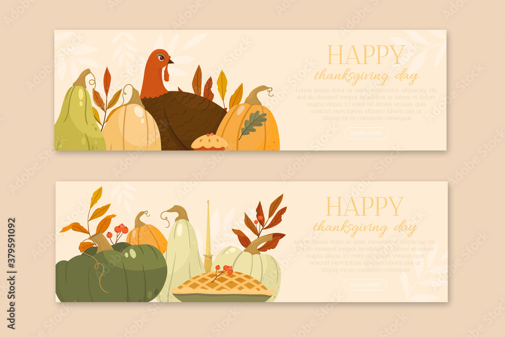 Flat design banners template Happy Thanksgiving day. Vector illustration. Autumn mood.